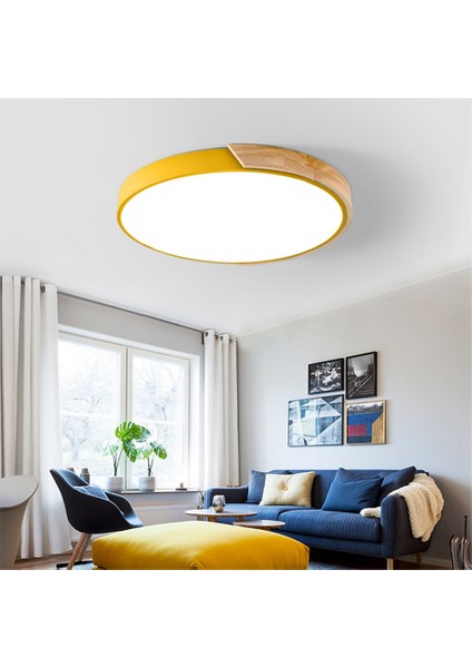 Meşe Ahşap Uzaktan Ayarlanabilir LED Tavan Yuvarlak Lambalar Sarı 40CM (Yurt Dışından)
