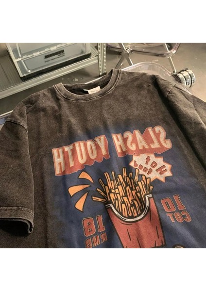 Yıkamalı Streetwear Retro Baskılı Oversize Vintage T-Shirt
