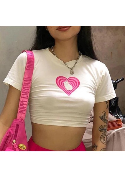Y2K Love Bunny Baskılı Beyaz Crop