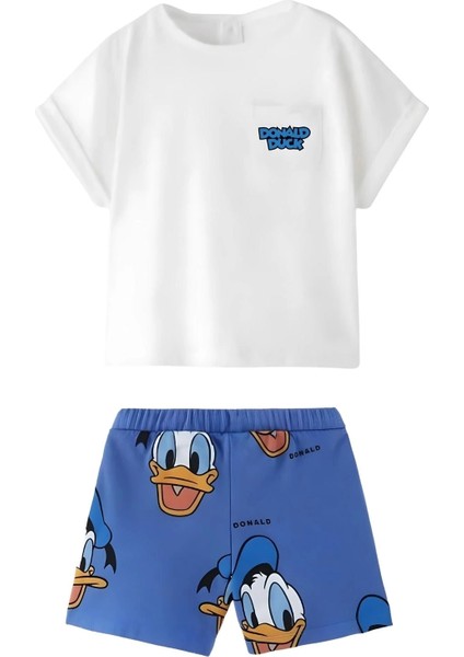 Unisex Bebek & Çocuk Donald Duck Baskılı Pamuklu Bisiklet Yaka Beyaz T-Shirt ve Şort Alt Üst Takım