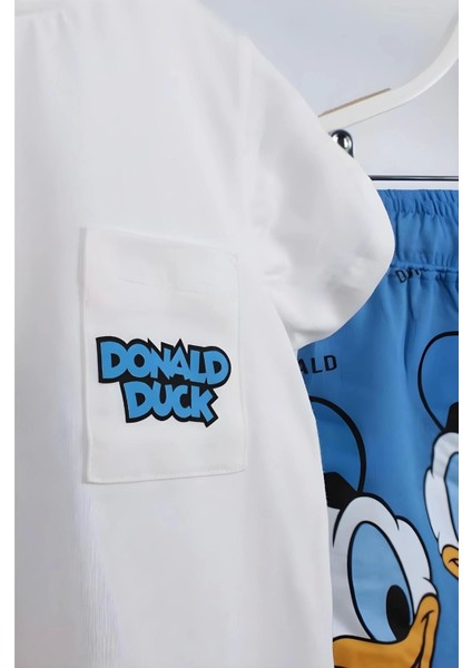 Unisex Bebek & Çocuk Donald Duck Baskılı Pamuklu Bisiklet Yaka Beyaz T-Shirt ve Şort Alt Üst Takım