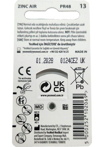 Extra Power 13 Numara Işitme Cihazı Pili (1 Paket = 6 Adet Pil) + Hediye Prowax Filtre