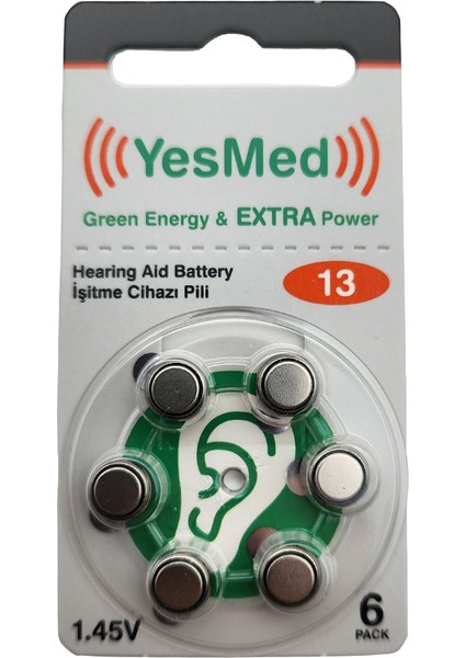 Extra Power 13 Numara Işitme Cihazı Pili (1 Paket = 6 Adet Pil) + Hediye Prowax Filtre