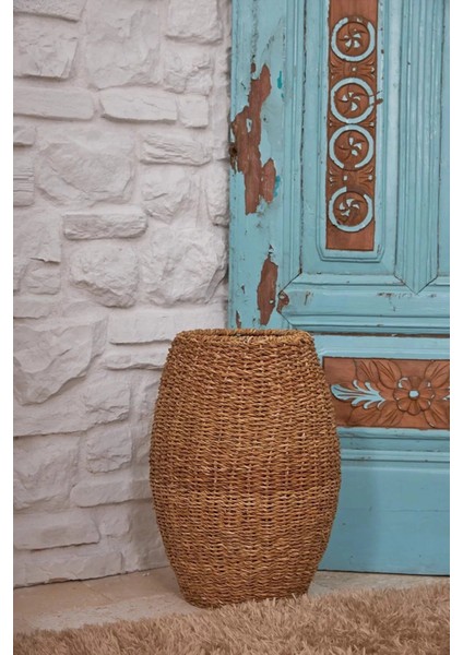 Dekoratif Yuvarlak Hasır Sepet Düzenleyici Saksı 20 x 43cm