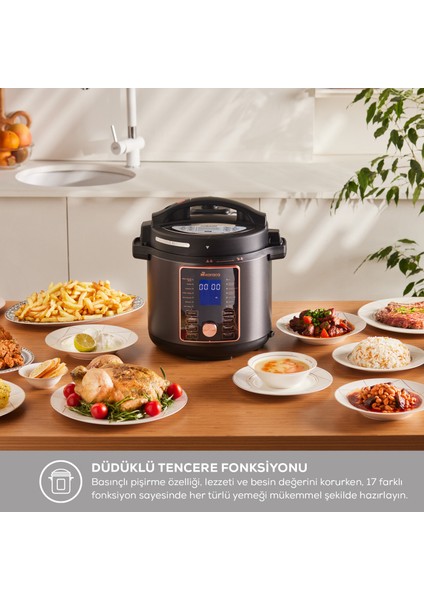 Cooker 2in1 6l Çok Amaçlı Basınçlı Pişirici Akıllı Elektrikli Düdüklü Tencere ve Airfryer Mattblack