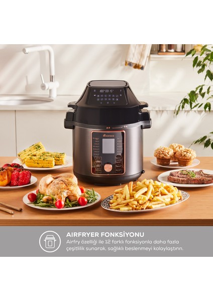 Cooker 2in1 6l Çok Amaçlı Basınçlı Pişirici Akıllı Elektrikli Düdüklü Tencere ve Airfryer Mattblack