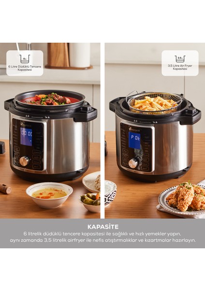 Cooker 2in1 6l Çok Amaçlı Basınçlı Pişirici Akıllı Elektrikli Düdüklü Tencere ve Airfryer Mattblack