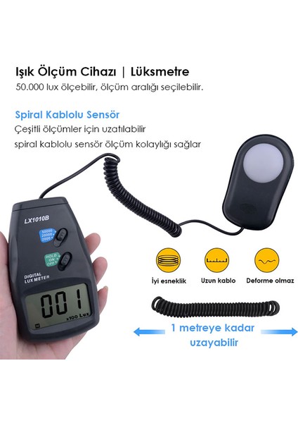 LX1010B Kablolu Sensörlü Dijital Işık Ölçer Lüksmetre modelleri
