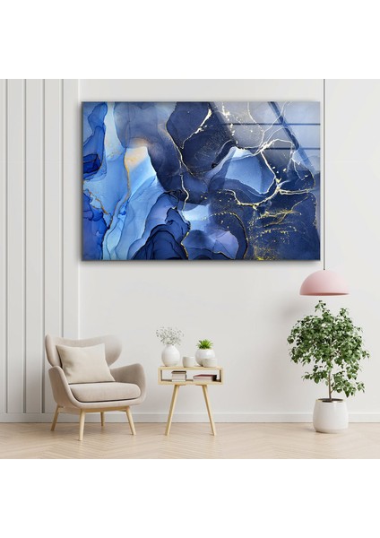 Mavi Soyut Temperli Cam Duvar Tablosu