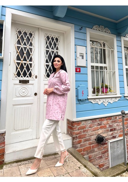 Çiçekli Poplin Bebe Yaka Uzun Tunik modelleri
