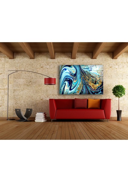 Modern Soyut Mavi ve Altın Cam Duvar Tablosu fırsatları