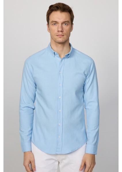 Slim Fit Uzun Kol Biyeli Yaka Düğmeli Keten Mavi Erkek Gömlek modelleri