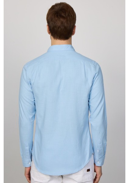 Slim Fit Uzun Kol Biyeli Yaka Düğmeli Keten Mavi Erkek Gömlek indirimleri