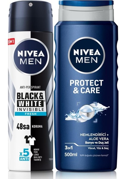 Men Erkek Sprey Deodorant Black&white Invisible Fresh 150ML ve Protect&care Erkek Duş Jeli 500ML