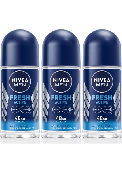 Men Erkek Roll-On Deodorant Fresh Active 50ML, 48 Saat Koruma, X3 Adet