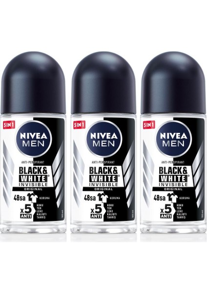 Men Erkek Roll-On Deodorant Black&white Original 50ML, 48 Saat Koruma, X3 Adet