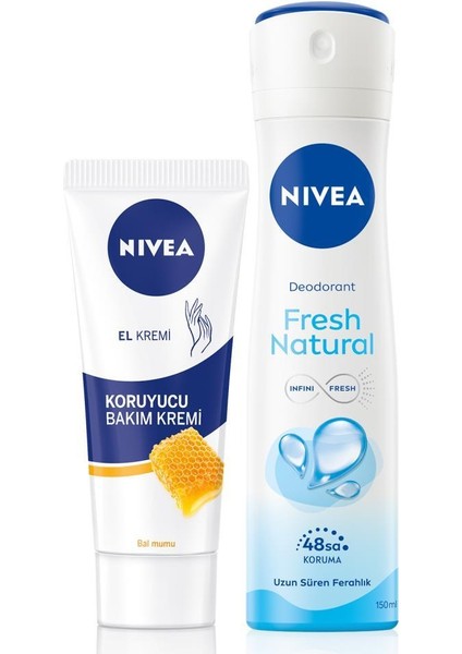 Kadın Sprey Deodorant Fresh Natural 150ML ve Nemlendirici Koruyucu El Bakım Kremi 75ML