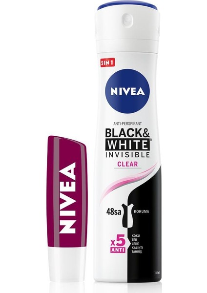 Kadın Sprey Deodorant Black&white Clear, 48 Saat Koruma ve Nemlendirici Böğürtlen Dudak Bakım Kremi