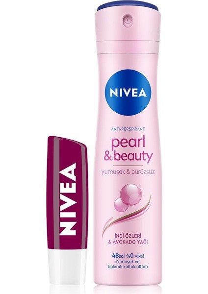 Kadın Sprey Deodorant Pearl&beauty 150ML, 48 Saat Koruma ve Nemlendirici Böğürtlen Dudak Bakım Kremi