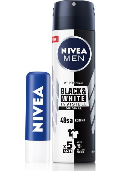 Men Erkek Sprey Deodorant Black&white Invisible Original 150ML ve Original Care Renksiz Dudak Kremi