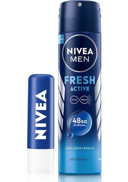 Men Erkek Sprey Deodorant Fresh Active 150ML ve Original Care Renksiz Dudak Bakım Kremi