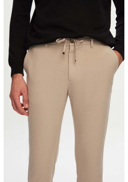 Slim Fit Bej Beli Lastikli Bağcıklı Fermuarlı Likralı Rahat Jogger Pantolon 2HC03ORTJGR01
