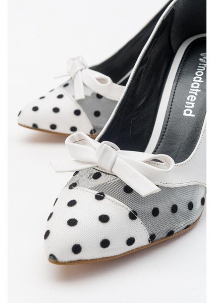 Kadın File Puantiyeli Topuklu Ayakkabı BEYAZ modelleri