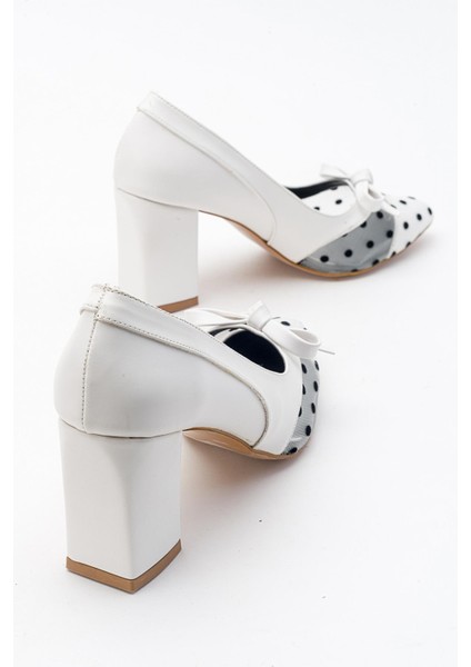 Kadın File Puantiyeli Topuklu Ayakkabı BEYAZ fırsatları