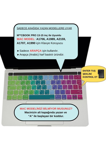 Macbook Pro Klavye Kılıfı UK Arapça Harf Baskı A1706 1989 2159 1707 1990 ile Uyumlu Dazzle