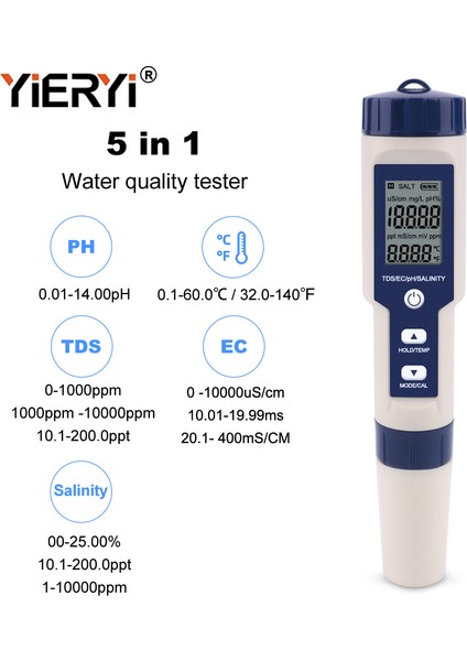 Yieryi Tuzluluk Ölçer 5'i 1 Arada Tuzluluk/tds/ec/ph/sıcaklık Test Cihazı, Deniz Suyu Akvaryumları Için Atc Tuzlu Su Test Cihazı ile Deniz Izleme ve Koi Balık Göleti (Yurt Dışından) modelleri