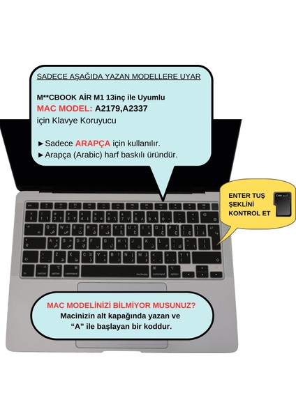 Macbook Air M1 Klavye Kılıf 13 inç UK(EU) Arapça Baskılı A2179 A2337 ile Uyumlu