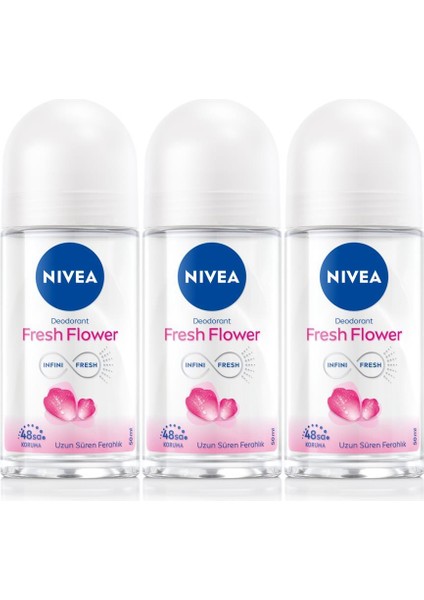Kadın Roll-On Deodorant Fresh Flower 50ML, 48 Saat Koruma, X3 Adet