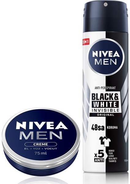 Men Sprey Deodorant Black&white Invesible Original 150ML ve Nemlendirici Erkek Bakım Kremi 75ML