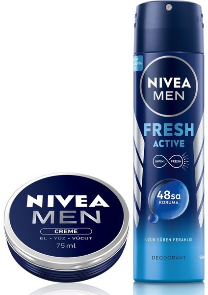 Men Erkek Sprey Deodorant Fresh Active 150ML, 48 Saat Koruma ve Nemlendirici Erkek Bakım Kremi 75ML