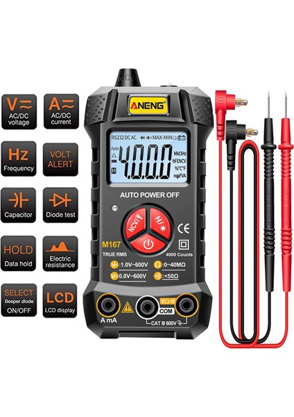 Aneng Taşınabilir LCD Akıllı Dijital Multimetre Ac/dc Gerilim Test Cihazı Akım Direnç Ölçer Ampermetre Otomatik Aralığı Multitester Test Probu ile El Feneri Profesyonel Araç (Yurt Dışından)