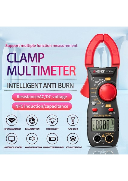 Aneng ST170 Kelepçe Multimetre Dijital Gerilim Test Cihazı 0 ~ 600V Arkadan Aydınlatmalı Ekran (Yurt Dışından)