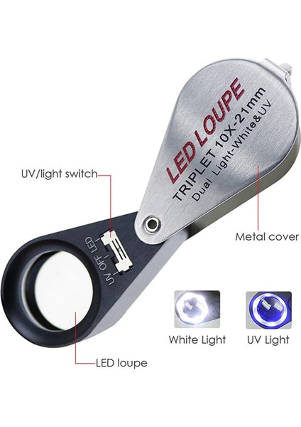 10X Büyütme Kuyumcu Büyüteç Üçlü Lens Büyüteç, Mücevher, Takı, Madeni Para, Pul, Vb Için 6 LED Uv Işık 21MM (Yurt Dışından)