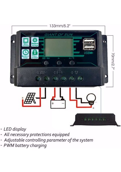 Solar Şarj Kontrol Cihazı Çift USB Bağlantı Noktalı Güneş Paneli Kontrol Cihazı 12V/24V Mppt/pwm Otomatik Parametre Ayarlanabilir Kullanımı Kolay (Yurt Dışından)