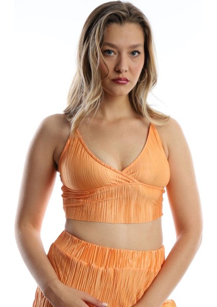 Kadın Pliseli Askılı Crop Turuncu