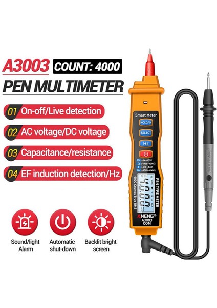 LCD Dijital Multimetre Kalem Metre 4000 Sayım ve Temassız Ac/dc Gerilim Direnci Kapasite Hertz Test Cihazı Aracı El Feneri ile Yüksek Hassasiyetli Evrensel Metre (Yurt Dışından)