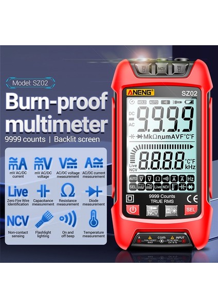 Aneng SZ02 Büyük Ekran Dijital Multimetre 9999 Sayısı 0NF-99.99MF Kapasite Evrensel Metre Gerilim Test Cihazı Akım Ölçme Aracı (Yurt Dışından) modelleri