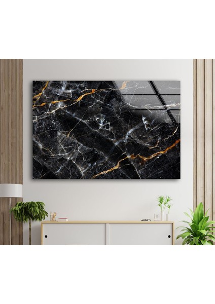 Siyah Mermer Desenli Cam Duvar Tablosu