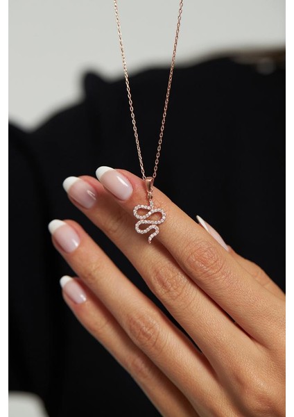 Zirkon Taşlı Rose Yılan Gümüş Kolye