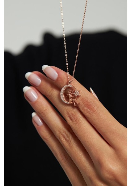Zirkon Taşlı Rose Kız Figürlü Ay Yıldız Gümüş Kolye fiyatları