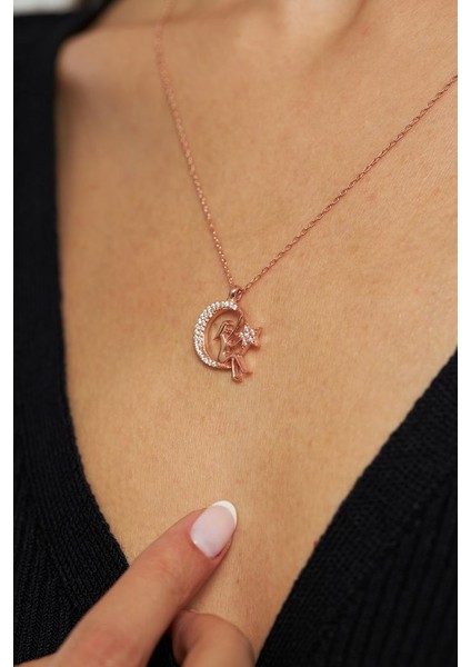 Zirkon Taşlı Rose Kız Figürlü Ay Yıldız Gümüş Kolye modelleri