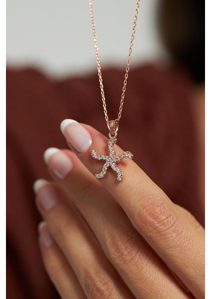 Zirkon Taşlı Rose Deniz Yıldızı Gümüş Kolye