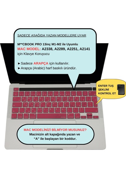 Macbook Pro Klavye Kılıfı 13 inç M1-M2 UK Arapça Baskı A2338 A2289 A2251 A2141 ile Uyumlu