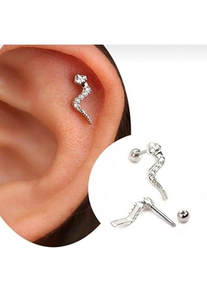 Paslanmaz Kararmaz Cerrahi Çelik Yılan Tragus, Kıkırdak, Helix 8mm Piercing (Iki Taraflı Açılabilir) Gümüş Renk Tek Ebat Beden