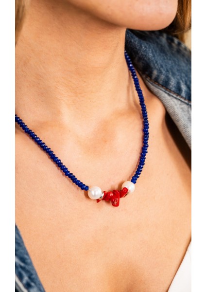 Barok Inci, Safir Faset Kesim Doğaltaş, Kırmızı Kök Mercan Tasarım Kolye fiyatları