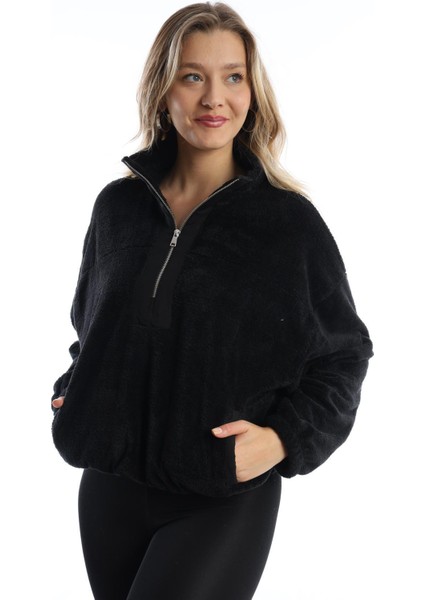 Kadın Dik Yaka Fermuarlı Peluş Siyah modelleri